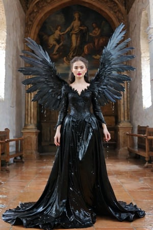 A girl wearing a long black wedding dress, church, baroque style, detailed feathers, huge wings, full body, big scene, super realistic,soakingwetclothes, wet clothes, wet hair, wet skin, wet, soaked.