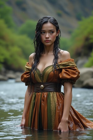 A photo of a 38-year-old medieval Russian princess soaking wet in a river. She has a sensual look on her face while shampooing her hair. She is wearing a princess ballgown with puffed sleeves, covered with a wet royal shawl. The background reveals lush greenery and a rocky terrain. Her body is soaking wet. Her clothes are soaking wet.,niji style