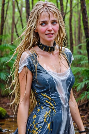 An concept art of an ethereal wet irish alchemist , portrait of a beautiful woman. . closeup of a mature wet blonde woman with wet bangs blue and gold camo colored wet ballgown, she's in a forest looking happy, blushing, leather dog collar, dripping wet hair, ,Masterpiece,white tiled background,, wet skin, wet face, wet heavy dress, 
(masterpiece, top quality, best quality, official art, beautiful and aesthetic:1.2), extreme detailed, highest detailed, ,Masterpiece,Color Booster,wet hair,, wet robe, layered dress, face focused
,soakingwetclothes,art_booster,wagasa,oil-paper,score_9,oil paint 