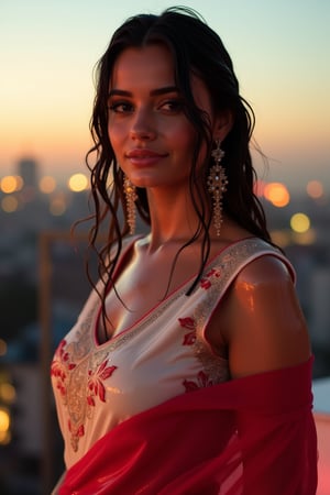 (Wet clothes, wet hair, wet skin:1.2) A sophisticated young woman with an elegant style, attending a high-end rooftop soirée. She is wearing a sleek white traditional saree with red embroidery, long sleeve embroidery blouse and, red shawl, stiletto heels, and diamond earrings.
The setting is a luxurious rooftop with a panoramic city view, sparkling lights in the background. The camera uses a close-up shot with a 70mm lens, highlighting the elegance of her attire and the shimmering skyline. The lighting is soft and golden, with the warm glow of the sunset reflecting off
her dress. The image is in 6K resolution, capturing the refined details of her outfit and the glamour of the evening event, ek_ph0t0_b00ster
,
,,Realistic.,, ,soakingwetclothes, wet clothes, wet hair, wet,,3/4 body image ,wet cloths cling to body,Wet,covered in oil,covered in mud,wam,wetlook, Fetishwet