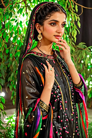 (best quality,8K,highres,masterpiece,raw image), ultra-detailed, featuring a beautiful young wet woman adorned in a realistic detailed wet designer  pakistani dress that emits a soft, ethereal light. Her flowy black chignon wet hair appears to be infused with the same radiant wet glow. eye contact,kind wet smile, lipgloss, The well lit backdrop consists of glowing grapes, colorful,colorful,soakingwetclothes,Pakistani dress