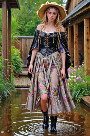 An concept art of an ethereal wet irish alchemist , portrait of a beautiful woman. .A wet girl wearing a wet floral dress, a flowered hat, long wet mediaval cape. Capturing the essence of Manet's 'Spring', dripping wet hair, ,Masterpiece,Half-timbered Construction,, wet skin, wet face, wet heavy longskirt, boots,  .
(masterpiece, top quality, best quality, official art, beautiful and aesthetic:1.2), extreme detailed, highest detailed, ,Masterpiece,Color Booster,wet hair, wet heavy longskirt, boots, wet robe, layered longskirt, face focused
,soakingwetclothes,art_booster,wagasa,oil-paper,score_9,oil paint 