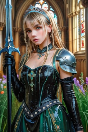 masterpiece, official art, ((ultra detailed)), (ultra quality), high quality, perfect face, 1 girl with long hair, blond-green hair with bangs, bronze eyes, detailed face, wearing a fancy ornate (((folk ballgown dress))), shoulder armor, armor, glove, hairband, hair accessories, striped, (wet clothes, wet hair, wet skin, holding the great weapon:1.37), jewelery, thighhighs, pauldrons, side slit, capelet, vertical stripes, looking at viewer, fantastical and ethereal scenery, daytime, church, grass, flowers. Intricate details, extremely detailed, incredible details, full colored, complex details, hyper maximalist, detailed decoration, detailed lines, best quality, HDR, dynamic lighting, perfect anatomy, realistic, more detail,
,Architectural100,style,soakingwetclothes