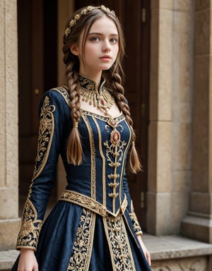 Highly detailed 8k digital photograph, full_body shot, front view, her front to the camera of 1girl, 24 year old, long brown braided hair girl, wearing servant clothing, castle in background.  Unreal Engine 5, extremely high quality RAW photograph, detailed background, intricate, Exquisite details and textures, highly detailed, ultra detailed photograph, warm lighting, 4k, sharp focus, high resolution, detailed skin, detailed eyes, 8k uhd, dslr, high quality, film grain,Extremely Realistic,