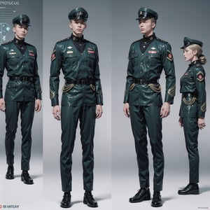 1girl and 1man, (wearing futuristic senior officer military uniform:1.4), (full_body shot:1.3), (side view:1.2), (character sheet:1.4), 
BREAK, european, slender,
BREAK, soothing tones, muted colors, high contrast, natural skin texture, hyperrealism, soft light, sharp,
BREAK, perfect eyes, hand, perfect fingers, Realistic, 
BREAK, white background,