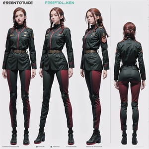 1girl, (wearing white-red futuristic senior officer military uniform:1.4), (full_body shot:1.3), (side view:1.2), (character sheet:1.4), 
BREAK, braided red hair, european, slender,
BREAK, soothing tones, muted colors, high contrast, natural skin texture, hyperrealism, soft light, sharp,
BREAK, perfect eyes, hand, perfect fingers, Realistic, 
BREAK, white background,