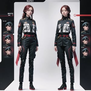 1girl, (wearing white-red futuristic senior officer military uniform:1.4), (full_body shot:1.3), (side view:1.2), (character sheet:1.4), 
BREAK, braided red hair, european, slender,
BREAK, soothing tones, muted colors, high contrast, natural skin texture, hyperrealism, soft light, sharp,
BREAK, perfect eyes, hand, perfect fingers, Realistic, 
BREAK, white background,