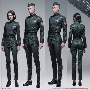 1girl and 1man, (wearing futuristic senior officer military uniform:1.4), (full_body shot:1.3), (side view:1.2), (character sheet:1.4), 
BREAK, european, slender,
BREAK, soothing tones, muted colors, high contrast, natural skin texture, hyperrealism, soft light, sharp,
BREAK, perfect eyes, hand, perfect fingers, Realistic, 
BREAK, white background,