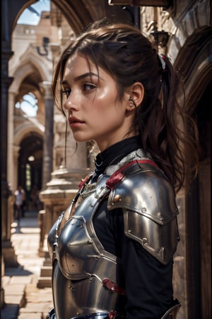 (profile view:1.3) age 20,photo of a beautiful woman, perfect fingers, subsurface scattering, detailed skin texture, textured skin, realistic dull skin noise, visible skin detail, skin fuzz, dry skin, exposed_face, (petite, photorealistic, photorealism:1.3), BREAK wearing full reddish armor, pouldrons, breastplate, buster sword, BREAK (upper_body frame:1.3), dynamic_pose, gdminteriorti luxury modern interior design, main hall, soft bounced lighting, rule_of_thirds, medieval armor,photo of perfecteyes eyes,perfecteyes eyes,Armor,armor