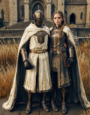 Highly detailed 8k digital photograph, full_body shot, front view, her front to the camera of 1girl, 24 year old, long brown braided hair girl, wearing knights armor, castle in background.  Unreal Engine 5, extremely high quality RAW photograph, detailed background, intricate, Exquisite details and textures, highly detailed, ultra detailed photograph, warm lighting, 4k, sharp focus, high resolution, detailed skin, detailed eyes, 8k uhd, dslr, high quality, film grain,Extremely Realistic,full armor,cape