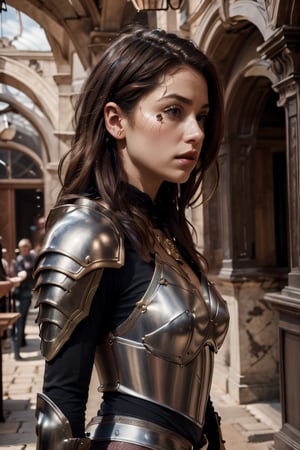 (profile view:1.3) age 20,photo of a beautiful woman, perfect fingers, subsurface scattering, detailed skin texture, textured skin, realistic dull skin noise, visible skin detail, skin fuzz, dry skin, exposed_face, (petite, photorealistic, photorealism:1.3), BREAK wearing full reddish armor, pouldrons, breastplate, buster sword, BREAK (upper_body frame:1.3), dynamic_pose, gdminteriorti luxury modern interior design, main hall, soft bounced lighting, rule_of_thirds, medieval armor,photo of perfecteyes eyes,perfecteyes eyes,Armor,armor