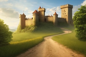 Medieval Castle, dirt road leading to castle, ground view, distance view, photo realistic