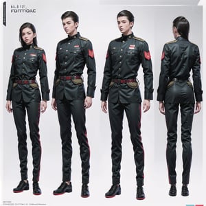 1girl and 1man, (wearing white-red futuristic senior officer military uniform:1.4), (full_body shot:1.3), (side view:1.2), (character sheet:1.4), 
BREAK, european, slender,
BREAK, soothing tones, muted colors, high contrast, natural skin texture, hyperrealism, soft light, sharp,
BREAK, perfect eyes, hand, perfect fingers, Realistic, 
BREAK, white background,