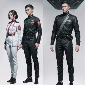 1girl and 1man, (wearing white-red futuristic senior officer military uniform:1.4), (full_body shot:1.3), (side view:1.2), (character sheet:1.4), 
BREAK, european, slender,
BREAK, soothing tones, muted colors, high contrast, natural skin texture, hyperrealism, soft light, sharp,
BREAK, perfect eyes, hand, perfect fingers, Realistic, 
BREAK, white background,