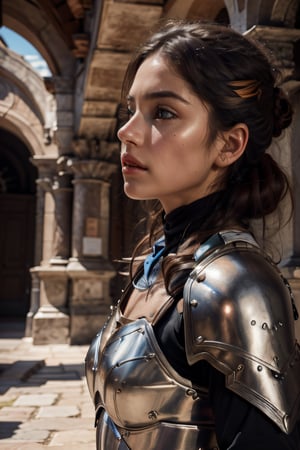 (profile view:1.3) age 20,photo of a beautiful woman, perfect fingers, subsurface scattering, detailed skin texture, textured skin, realistic dull skin noise, visible skin detail, skin fuzz, dry skin, exposed_face, (petite, photorealistic, photorealism:1.3), BREAK wearing full reddish armor, pouldrons, breastplate, buster sword, BREAK (upper_body frame:1.3), dynamic_pose, gdminteriorti luxury modern interior design, main hall, soft bounced lighting, rule_of_thirds, medieval armor,photo of perfecteyes eyes,perfecteyes eyes,Armor,armor