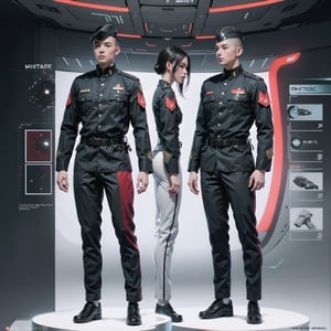 1girl and 1man, (wearing white-red futuristic senior officer military uniform:1.4), (full_body shot:1.3), (side view:1.2), (character sheet:1.4), 
BREAK, european, slender,
BREAK, soothing tones, muted colors, high contrast, natural skin texture, hyperrealism, soft light, sharp,
BREAK, perfect eyes, hand, perfect fingers, Realistic, 
BREAK, white background,