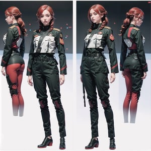 1girl, (wearing white-red futuristic senior officer military uniform:1.4), (full_body shot:1.3), (side view:1.2), (character sheet:1.4), 
BREAK, braided red hair, european, slender,
BREAK, soothing tones, muted colors, high contrast, natural skin texture, hyperrealism, soft light, sharp,
BREAK, perfect eyes, hand, perfect fingers, Realistic, 
BREAK, white background,