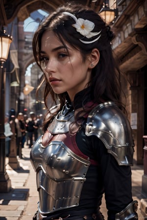 (profile view:1.3) age 20,photo of a beautiful woman, perfect fingers, subsurface scattering, detailed skin texture, textured skin, realistic dull skin noise, visible skin detail, skin fuzz, dry skin, exposed_face, (petite, photorealistic, photorealism:1.3), BREAK wearing full reddish armor, pouldrons, breastplate, buster sword, BREAK (upper_body frame:1.3), dynamic_pose, gdminteriorti luxury modern interior design, main hall, soft bounced lighting, rule_of_thirds, medieval armor,photo of perfecteyes eyes,perfecteyes eyes,Armor,armor