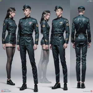 1girl and 1man, (wearing futuristic senior officer military uniform:1.4), (full_body shot:1.3), (side view:1.2), (character sheet:1.4), 
BREAK, european, slender,
BREAK, soothing tones, muted colors, high contrast, natural skin texture, hyperrealism, soft light, sharp,
BREAK, perfect eyes, hand, perfect fingers, Realistic, 
BREAK, white background,