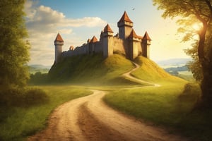 Medieval Castle, dirt road leading to castle, ground view, distance view, photo realistic