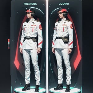 1girl and 1man, (wearing white-red futuristic senior officer military uniform:1.4), (full_body shot:1.3), (side view:1.2), (character sheet:1.4), 
BREAK, european, slender,
BREAK, soothing tones, muted colors, high contrast, natural skin texture, hyperrealism, soft light, sharp,
BREAK, perfect eyes, hand, perfect fingers, Realistic, 
BREAK, white background,