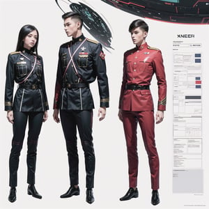 1girl and 1man, (wearing white-red futuristic senior officer military uniform:1.4), (full_body shot:1.3), (side view:1.2), (character sheet:1.4), 
BREAK, european, slender,
BREAK, soothing tones, muted colors, high contrast, natural skin texture, hyperrealism, soft light, sharp,
BREAK, perfect eyes, hand, perfect fingers, Realistic, 
BREAK, white background,