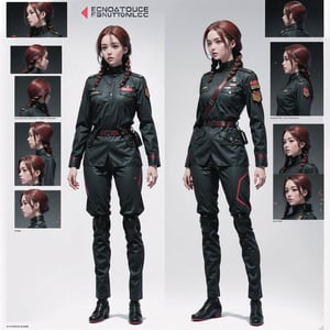 1girl, (wearing white-red futuristic senior officer military uniform:1.4), (full_body shot:1.3), (side view:1.2), (character sheet:1.4), 
BREAK, braided red hair, european, slender,
BREAK, soothing tones, muted colors, high contrast, natural skin texture, hyperrealism, soft light, sharp,
BREAK, perfect eyes, hand, perfect fingers, Realistic, 
BREAK, white background,