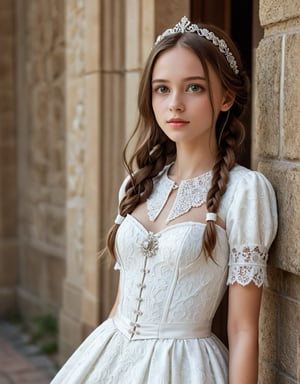 Highly detailed 8k digital photograph, full_body shot, front view, her front to the camera of 1girl, 24 year old, long brown braided hair girl, wearing servant clothing, castle in background.  Unreal Engine 5, extremely high quality RAW photograph, detailed background, intricate, Exquisite details and textures, highly detailed, ultra detailed photograph, warm lighting, 4k, sharp focus, high resolution, detailed skin, detailed eyes, 8k uhd, dslr, high quality, film grain,Extremely Realistic,