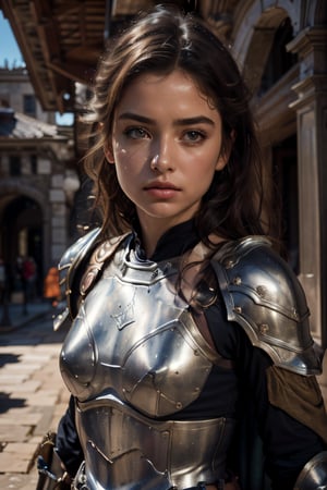 age 20,photo of a beautiful woman, perfect fingers, subsurface scattering, detailed skin texture, textured skin, realistic dull skin noise, visible skin detail, skin fuzz, dry skin, exposed_face, (petite, photorealistic, photorealism:1.3), BREAK wearing full reddish armor, pouldrons, breastplate, buster sword, BREAK (upper_body frame:1.3), dynamic_pose, gdminteriorti luxury modern interior design, main hall, soft bounced lighting, rule_of_thirds, medieval armor,photo of perfecteyes eyes,perfecteyes eyes,Armor,armor