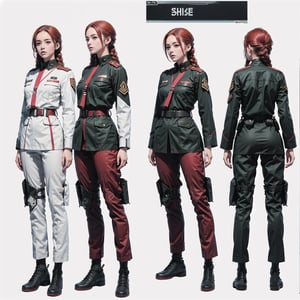 1girl, (wearing white-red futuristic senior officer military uniform:1.4), (full_body shot:1.3), (side view:1.2), (character sheet:1.4), 
BREAK, braided red hair, european, slender,
BREAK, soothing tones, muted colors, high contrast, natural skin texture, hyperrealism, soft light, sharp,
BREAK, perfect eyes, hand, perfect fingers, Realistic, 
BREAK, white background,