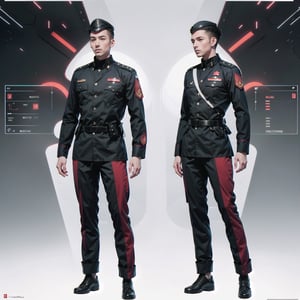 1girl and 1man, (wearing white-red futuristic senior officer military uniform:1.4), (full_body shot:1.3), (side view:1.2), (character sheet:1.4), 
BREAK, european, slender,
BREAK, soothing tones, muted colors, high contrast, natural skin texture, hyperrealism, soft light, sharp,
BREAK, perfect eyes, hand, perfect fingers, Realistic, 
BREAK, white background,