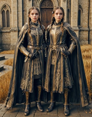 Highly detailed 8k digital photograph, full_body shot, front view, her front to the camera of 1girl, 24 year old, long brown braided hair girl, wearing knights armor, castle in background.  Unreal Engine 5, extremely high quality RAW photograph, detailed background, intricate, Exquisite details and textures, highly detailed, ultra detailed photograph, warm lighting, 4k, sharp focus, high resolution, detailed skin, detailed eyes, 8k uhd, dslr, high quality, film grain,Extremely Realistic,full armor,cape