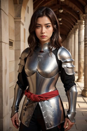 (full_body shot:1.4), age 20, photo of a beautiful woman, perfect fingers, subsurface scattering, detailed skin texture, textured skin, realistic dull skin noise, visible skin detail, skin fuzz, dry skin, exposed_face, (petite, photorealistic, photorealism:1.3), BREAK wearing full reddish armor, pauldrons, breastplate, buster sword, BREAK (upper_body frame:1.3), dynamic_pose, main hall, soft bounced lighting, rule_of_thirds, medieval armor,photo of perfecteyes eyes,perfecteyes eyes,Armor,armor,knight,xuer Ancient Chinese armor,medieval-armor-girl,Chinese general,xuer plate armor,samurai