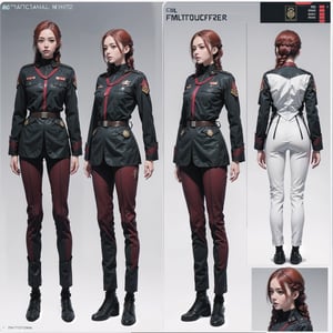 1girl, (wearing white-red futuristic senior officer military uniform:1.4), (full_body shot:1.3), (side view:1.2), (character sheet:1.4), 
BREAK, braided red hair, european, slender,
BREAK, soothing tones, muted colors, high contrast, natural skin texture, hyperrealism, soft light, sharp,
BREAK, perfect eyes, hand, perfect fingers, Realistic, 
BREAK, white background,