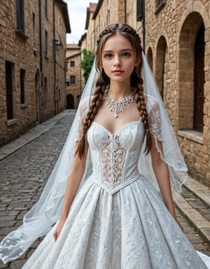 Highly detailed 8k digital photograph, full_body shot, front view, her front to the camera of 1girl, 24 year old, long brown braided hair girl, wearing 8th century servant clothing, castle in background.  Unreal Engine 5, extremely high quality RAW photograph, detailed background, intricate, Exquisite details and textures, highly detailed, ultra detailed photograph, warm lighting, 4k, sharp focus, high resolution, detailed skin, detailed eyes, 8k uhd, dslr, high quality, film grain,Extremely Realistic,