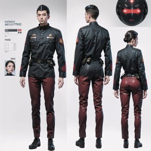 1girl and 1man, (wearing white-red futuristic senior officer military uniform:1.4), (full_body shot:1.3), (side view:1.2), (character sheet:1.4), 
BREAK, european, slender,
BREAK, soothing tones, muted colors, high contrast, natural skin texture, hyperrealism, soft light, sharp,
BREAK, perfect eyes, hand, perfect fingers, Realistic, 
BREAK, white background,