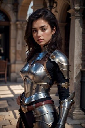 (full_body shot:1.4), age 20,photo of a beautiful woman, perfect fingers, subsurface scattering, detailed skin texture, textured skin, realistic dull skin noise, visible skin detail, skin fuzz, dry skin, exposed_face, (petite, photorealistic, photorealism:1.3), BREAK wearing full reddish armor, pouldrons, breastplate, buster sword, BREAK (upper_body frame:1.3), dynamic_pose, gdminteriorti luxury modern interior design, main hall, soft bounced lighting, rule_of_thirds, medieval armor,photo of perfecteyes eyes,perfecteyes eyes,Armor,armor,knight