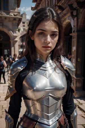 age 20,photo of a beautiful woman, perfect fingers, subsurface scattering, detailed skin texture, textured skin, realistic dull skin noise, visible skin detail, skin fuzz, dry skin, exposed_face, (petite, photorealistic, photorealism:1.3), BREAK wearing full reddish armor, pouldrons, breastplate, buster sword, BREAK (upper_body frame:1.3), dynamic_pose, gdminteriorti luxury modern interior design, main hall, soft bounced lighting, rule_of_thirds, medieval armor,photo of perfecteyes eyes,perfecteyes eyes,Armor,armor