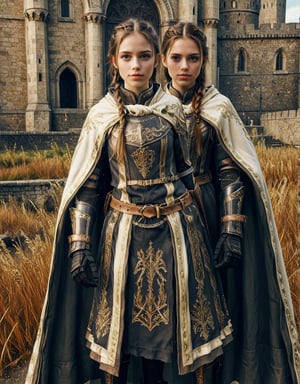 Highly detailed 8k digital photograph, full_body shot, front view, her front to the camera of 1girl, 24 year old, long brown braided hair girl, wearing knights armor, castle in background.  Unreal Engine 5, extremely high quality RAW photograph, detailed background, intricate, Exquisite details and textures, highly detailed, ultra detailed photograph, warm lighting, 4k, sharp focus, high resolution, detailed skin, detailed eyes, 8k uhd, dslr, high quality, film grain,Extremely Realistic,full armor,cape