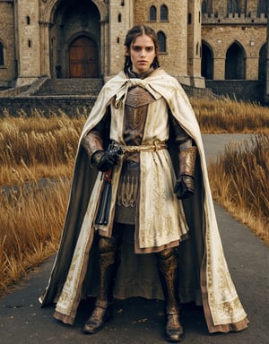 Highly detailed 8k digital photograph, full_body shot, front view, her front to the camera of 1girl, 24 year old, long brown braided hair girl, wearing knights armor, castle in background.  Unreal Engine 5, extremely high quality RAW photograph, detailed background, intricate, Exquisite details and textures, highly detailed, ultra detailed photograph, warm lighting, 4k, sharp focus, high resolution, detailed skin, detailed eyes, 8k uhd, dslr, high quality, film grain,Extremely Realistic,full armor,cape