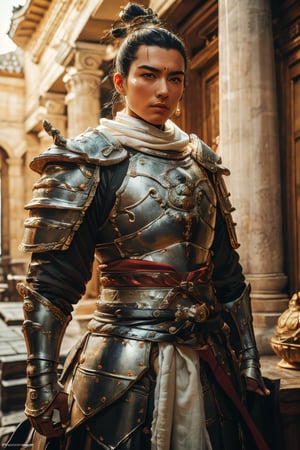 (full_body shot:1.4), age 20,photo of a beautiful woman, perfect fingers, subsurface scattering, detailed skin texture, textured skin, realistic dull skin noise, visible skin detail, skin fuzz, dry skin, exposed_face, (petite, photorealistic, photorealism:1.3), BREAK wearing full reddish armor, pouldrons, breastplate, buster sword, BREAK (upper_body frame:1.3), dynamic_pose, gdminteriorti luxury modern interior design, main hall, soft bounced lighting, rule_of_thirds, medieval armor,photo of perfecteyes eyes,perfecteyes eyes,Armor,armor,knight,xuer Ancient Chinese armor