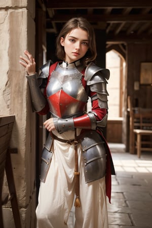 (full_body shot:1.4), age 20, photo of a beautiful woman, perfect fingers, subsurface scattering, detailed skin texture, textured skin, realistic dull skin noise, visible skin detail, skin fuzz, dry skin, exposed_face, (petite, photorealistic, photorealism:1.3), BREAK wearing full reddish armor, pauldrons, breastplate, buster sword, BREAK (upper_body frame:1.3), dynamic_pose, main hall, soft bounced lighting, rule_of_thirds, medieval armor,photo of perfecteyes eyes,perfecteyes eyes,oil painting,medieval-armor-girl