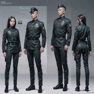 1girl and 1man, (wearing futuristic senior officer military uniform:1.4), (full_body shot:1.3), (side view:1.2), (character sheet:1.4), 
BREAK, european, slender,
BREAK, soothing tones, muted colors, high contrast, natural skin texture, hyperrealism, soft light, sharp,
BREAK, perfect eyes, hand, perfect fingers, Realistic, 
BREAK, white background,