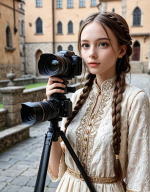 Highly detailed 8k digital photograph, full_body shot, front view, her front to the camera of 1girl, 24 year old, long brown braided hair girl, wearing 8th century servant clothing, castle in background.  Unreal Engine 5, extremely high quality RAW photograph, detailed background, intricate, Exquisite details and textures, highly detailed, ultra detailed photograph, warm lighting, 4k, sharp focus, high resolution, detailed skin, detailed eyes, 8k uhd, dslr, high quality, film grain,Extremely Realistic,