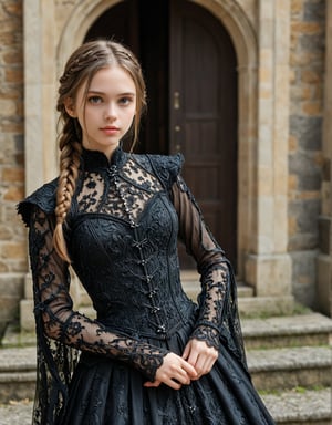 Highly detailed 8k digital photograph, full_body shot, front view, her front to the camera of 1girl, 24 year old, long brown braided hair girl, wearing 8th century servant clothing, castle in background.  Unreal Engine 5, extremely high quality RAW photograph, detailed background, intricate, Exquisite details and textures, highly detailed, ultra detailed photograph, warm lighting, 4k, sharp focus, high resolution, detailed skin, detailed eyes, 8k uhd, dslr, high quality, film grain,Extremely Realistic,