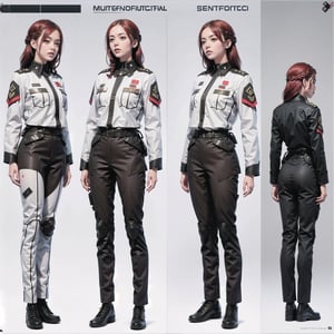 1girl, (wearing white-red futuristic senior officer military uniform:1.4), (full_body shot:1.3), (side view:1.2), (character sheet:1.4), 
BREAK, braided red hair, european, slender,
BREAK, soothing tones, muted colors, high contrast, natural skin texture, hyperrealism, soft light, sharp,
BREAK, perfect eyes, hand, perfect fingers, Realistic, 
BREAK, white background,