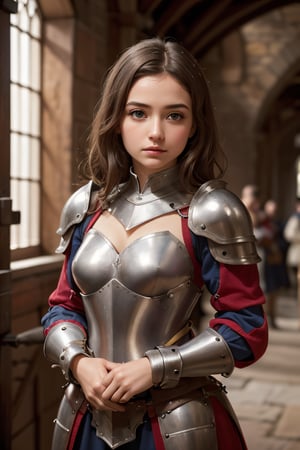 (full_body shot:1.4), age 20, photo of a beautiful woman, perfect fingers, subsurface scattering, detailed skin texture, textured skin, realistic dull skin noise, visible skin detail, skin fuzz, dry skin, exposed_face, (petite, photorealistic, photorealism:1.3), BREAK wearing full reddish armor, pauldrons, breastplate, buster sword, BREAK (upper_body frame:1.3), dynamic_pose, main hall, soft bounced lighting, rule_of_thirds, medieval armor,photo of perfecteyes eyes,perfecteyes eyes,oil painting,medieval-armor-girl