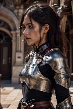 (profile view:1.3) age 20,photo of a beautiful woman, perfect fingers, subsurface scattering, detailed skin texture, textured skin, realistic dull skin noise, visible skin detail, skin fuzz, dry skin, exposed_face, (petite, photorealistic, photorealism:1.3), BREAK wearing full reddish armor, pouldrons, breastplate, buster sword, BREAK (upper_body frame:1.3), dynamic_pose, gdminteriorti luxury modern interior design, main hall, soft bounced lighting, rule_of_thirds, medieval armor,photo of perfecteyes eyes,perfecteyes eyes,Armor,armor