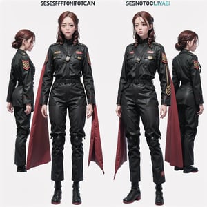 1girl, (wearing white-red futuristic senior officer military uniform:1.4), (full_body shot:1.3), (side view:1.2), (character sheet:1.4), 
BREAK, braided red hair, european, slender,
BREAK, soothing tones, muted colors, high contrast, natural skin texture, hyperrealism, soft light, sharp,
BREAK, perfect eyes, hand, perfect fingers, Realistic, 
BREAK, white background,