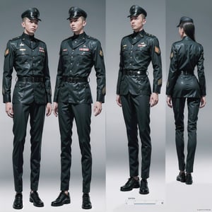 1girl and 1man, (wearing futuristic senior officer military uniform:1.4), (full_body shot:1.3), (side view:1.2), (character sheet:1.4), 
BREAK, european, slender,
BREAK, soothing tones, muted colors, high contrast, natural skin texture, hyperrealism, soft light, sharp,
BREAK, perfect eyes, hand, perfect fingers, Realistic, 
BREAK, white background,